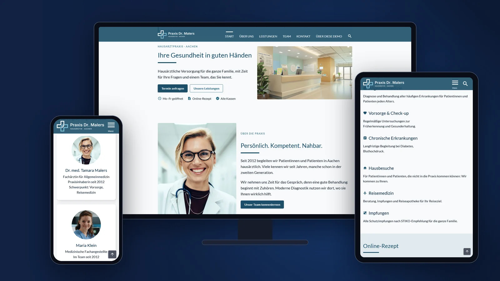 Demo-Website Praxis Dr. Malers auf Monitor, Tablet und Smartphone