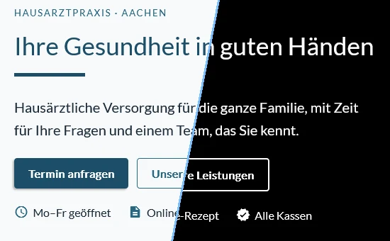 Startseite der Demo-Praxis Aachen, links in der Standardansicht, rechts im Kontrastmodus