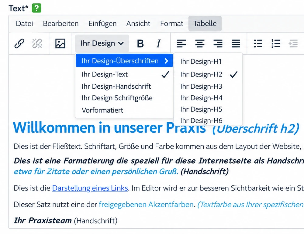 Contao 5.7 mit Ihr Design: Das Menü bietet die Überschriften H1 bis H6, Text und Handschrift des Themes an. Die Überschrift erscheint im Editor blau in der Schrift der Website.