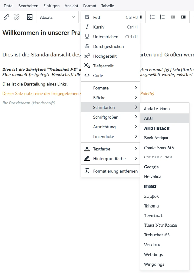 Contao 5.3 im Standard: Das Menü Schriftarten bietet 17 Systemschriften an, darunter Comic Sans MS, Impact und Wingdings.