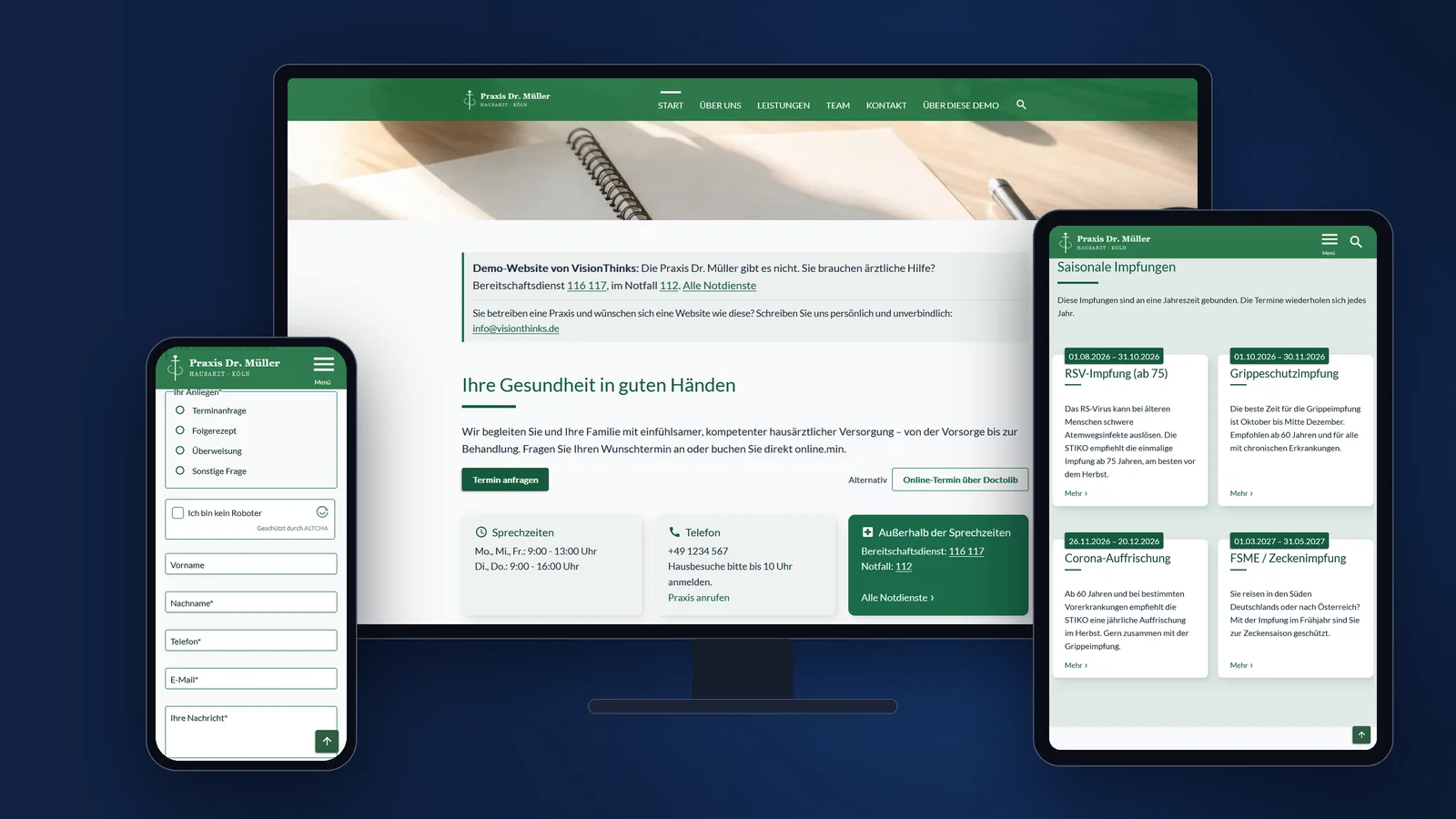 Demo-Website Praxis Dr. Müller auf Monitor, Tablet und Smartphone
