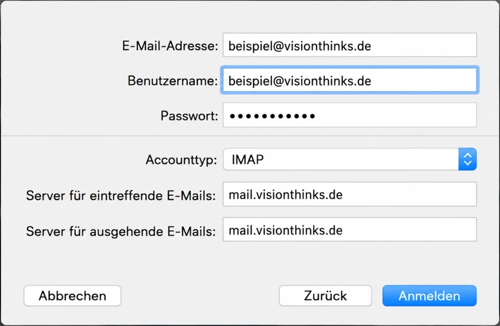 Apple Mail: E-Mail-Adresse, Benutzername, IMAP und Server eintragen