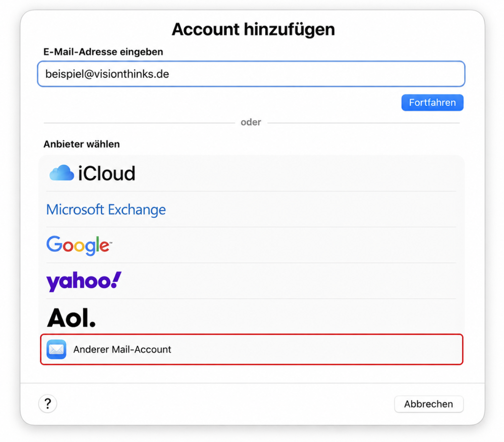 Apple Mail: E-Mail-Adresse eingeben und Anderer Mail-Account auswählen