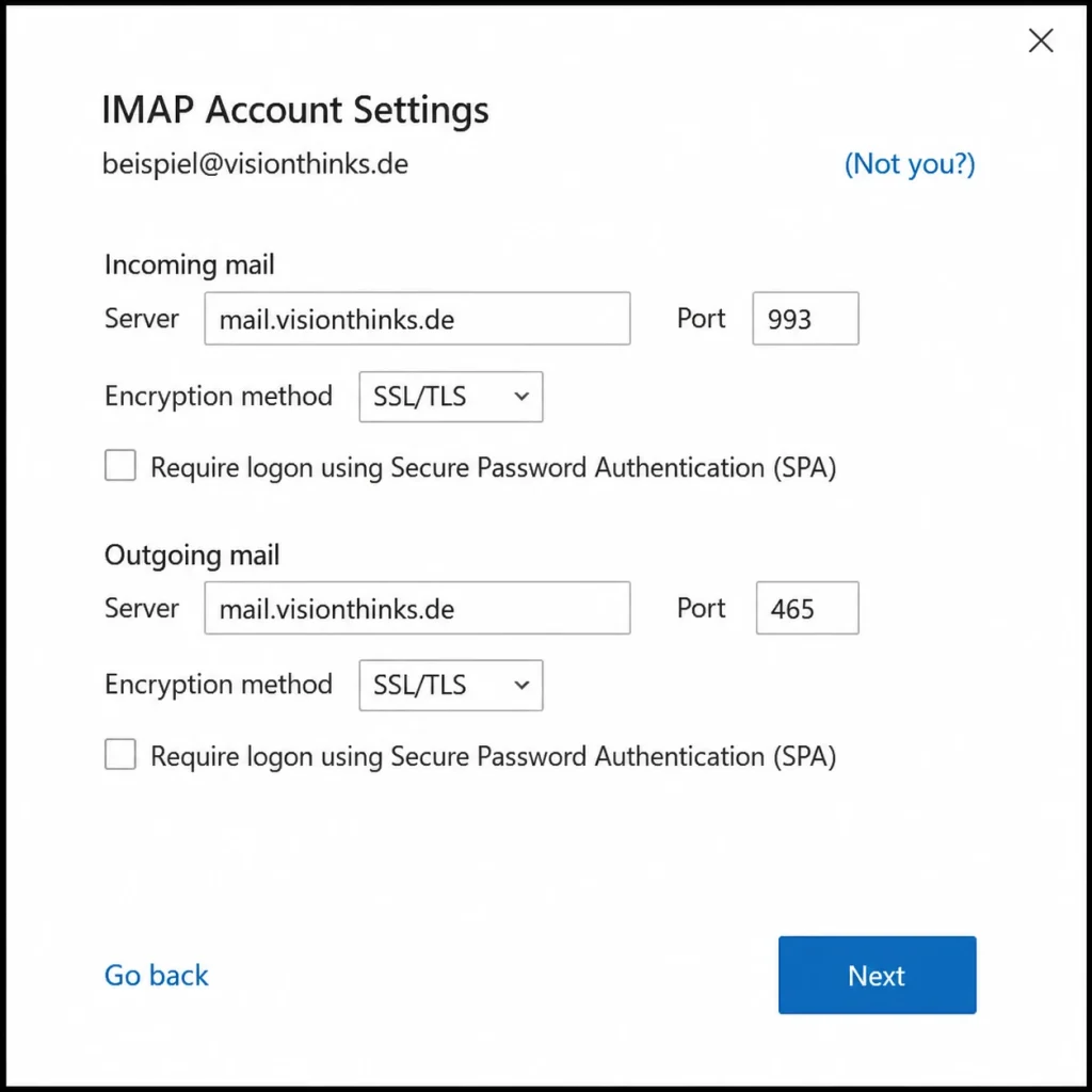 Outlook: Übersicht der verschlüsselten IMAP- und SMTP-Servereinstellungen