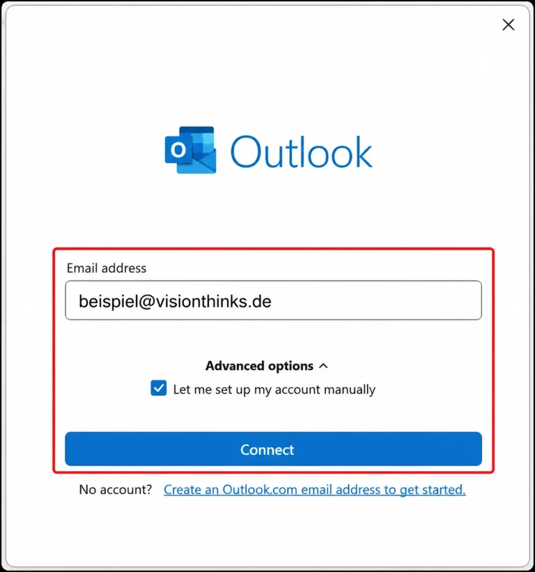 Outlook: E-Mail-Adresse eingeben und den manuellen beziehungsweise erweiterten Einrichtungsweg öffnen