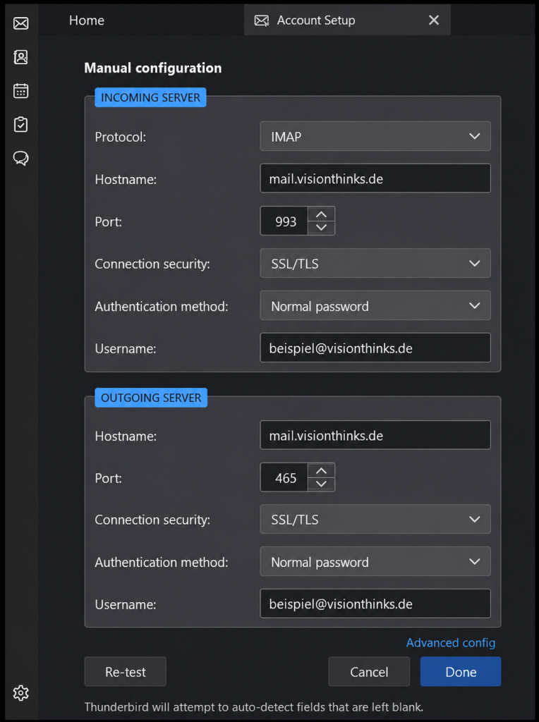 Thunderbird: manuelle IMAP- und SMTP-Serverdaten eintragen