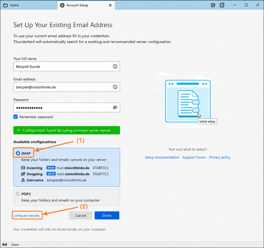 Thunderbird: automatisch ermittelte Kontoeinstellungen prüfen und IMAP wählen