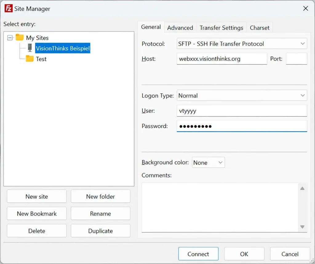 FileZilla: Servermanager mit den SFTP-Zugangsdaten