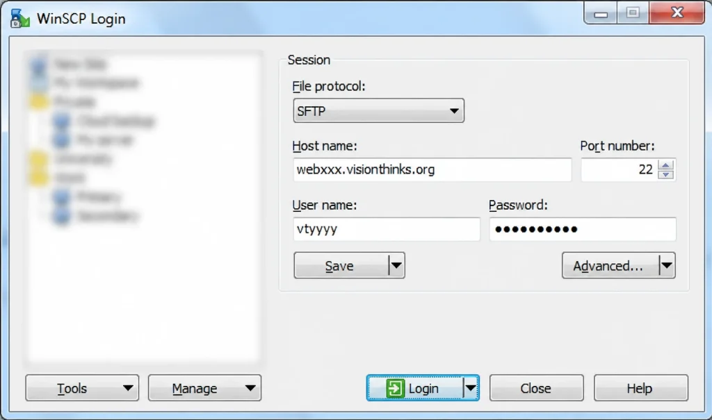 WinSCP: Anmeldefenster mit den SFTP-Zugangsdaten