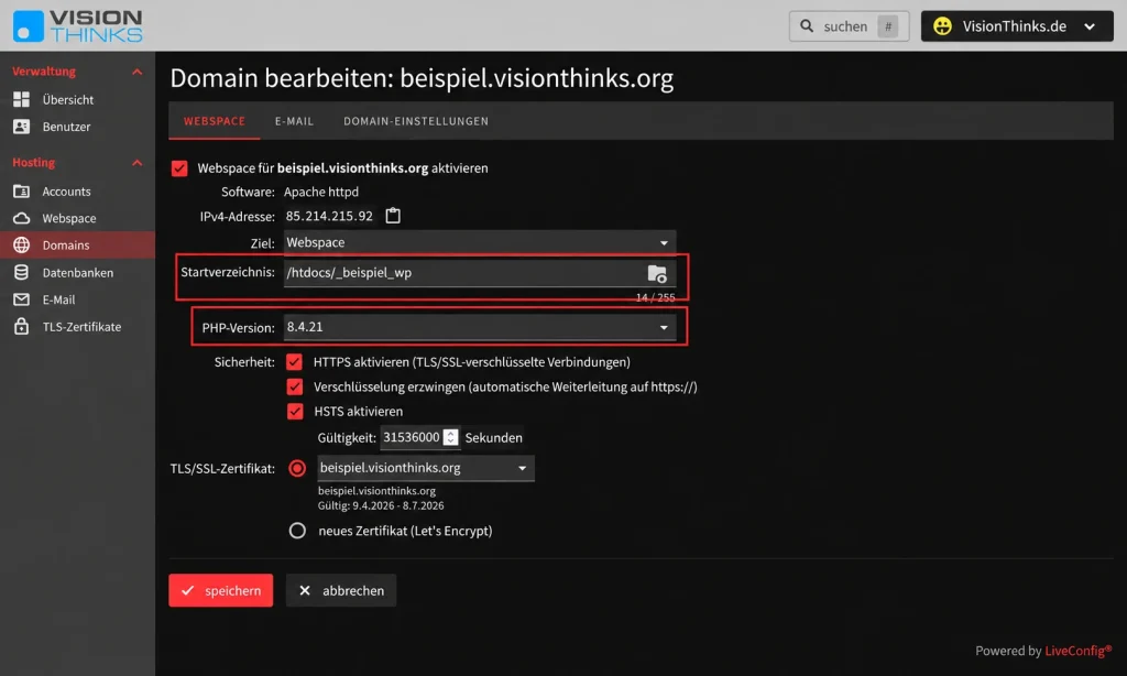 LiveConfig: Startverzeichnis und PHP-Version einer Domain konfigurieren