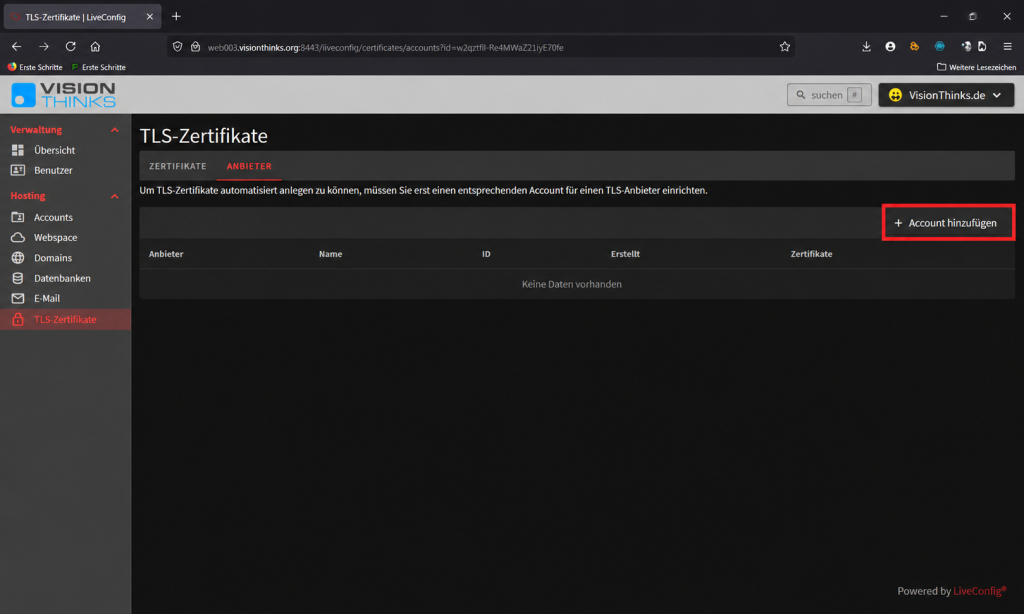 LiveConfig: TLS-Zertifikate – Let’s-Encrypt-Anbieter hinzufügen