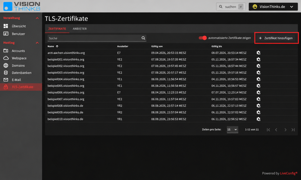 LiveConfig: TLS-Zertifikatsübersicht mit Zertifikat hinzufügen