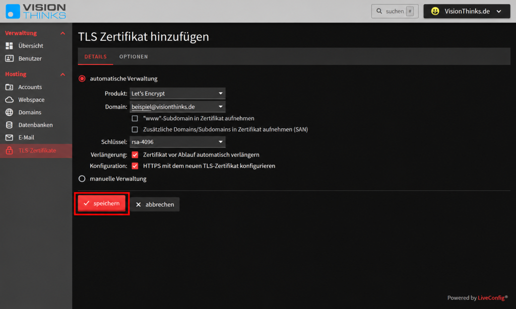 LiveConfig: Let’s-Encrypt-Zertifikat konfigurieren und speichern