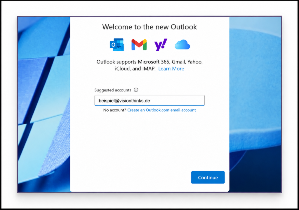 Neues Outlook: vorgeschlagene E-Mail-Adresse für die automatische Einrichtung bestätigen